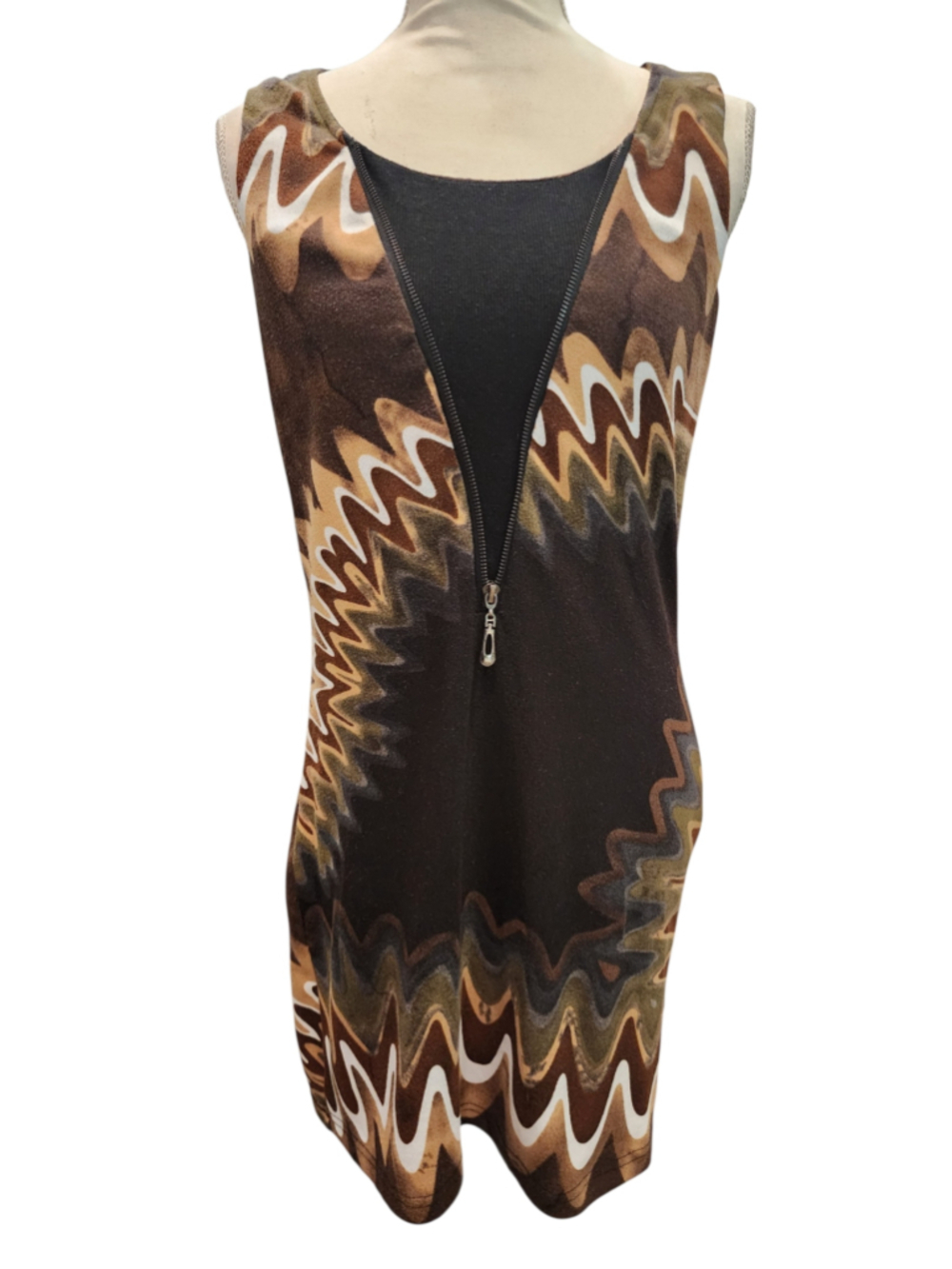 Vintage Y2K Aryeh Brown Zigzag Psychedelic Zip Front Sleeveless Mini Dress S